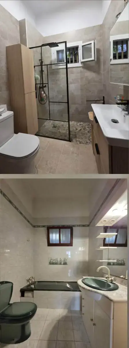 Comparaison avant et après rénovation : ancienne salle de bain avec baignoire et vasque verte, puis douche vitrée, carrelage clair et meuble vasque bois.