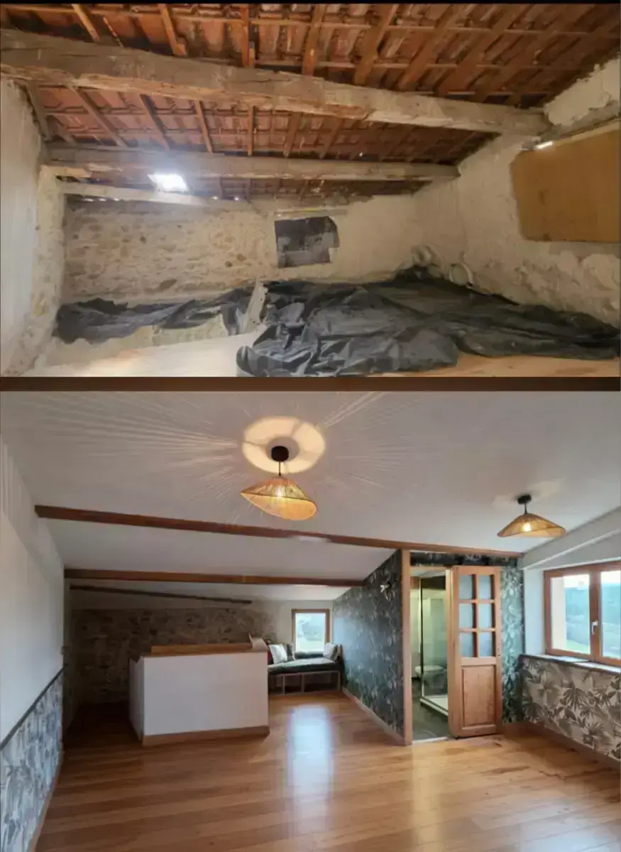 Montage avant-après d’une suite parentale aménagée sous toiture à Cabriès, état initial en haut et pièce rénovée en bas, vue 2.